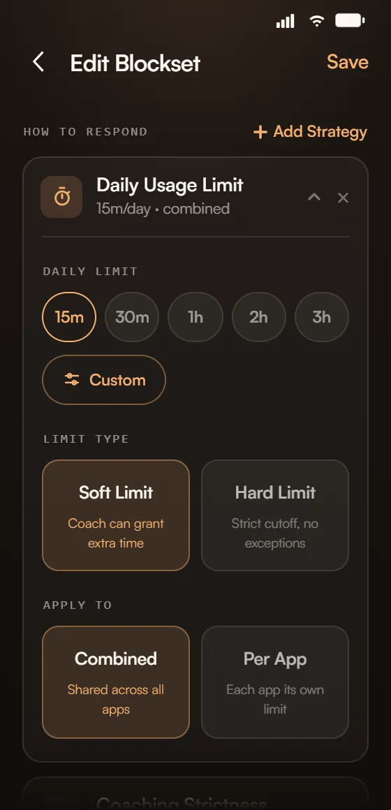 Daily usage limit settings with a soft limit the coach can flex or a hard cutoff