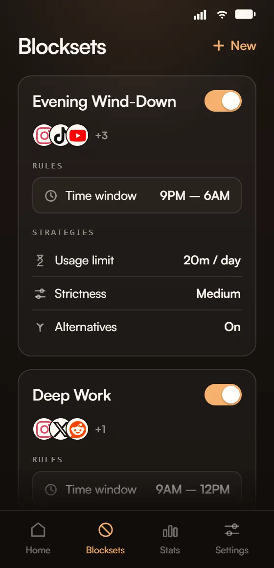 Memento Mode Blocksets screen with the Evening Wind-Down and Deep Work app groups and their rules