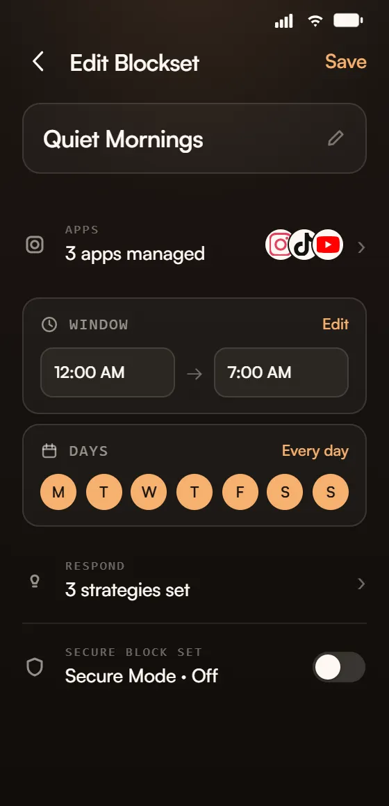 Blockset schedule editor with an overnight window from 12 AM to 7 AM, set to every day