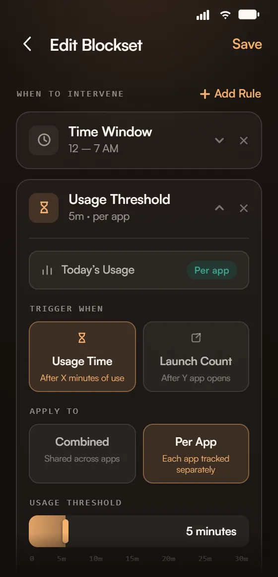 Usage threshold settings: trigger after a set usage time or launch count, applied per app