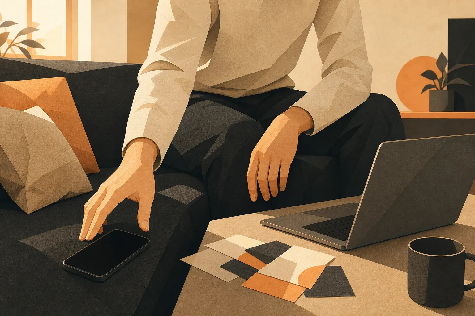 An illustrated business owner reaches for a phone beside an open laptop and unfinished task cards.