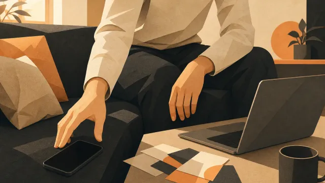 An illustrated business owner reaches for a phone beside an open laptop and unfinished task cards.