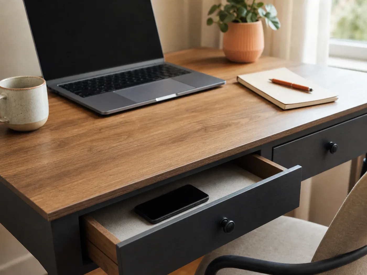 A phone sits in a partly closed desk drawer beneath an open laptop and notebook.
