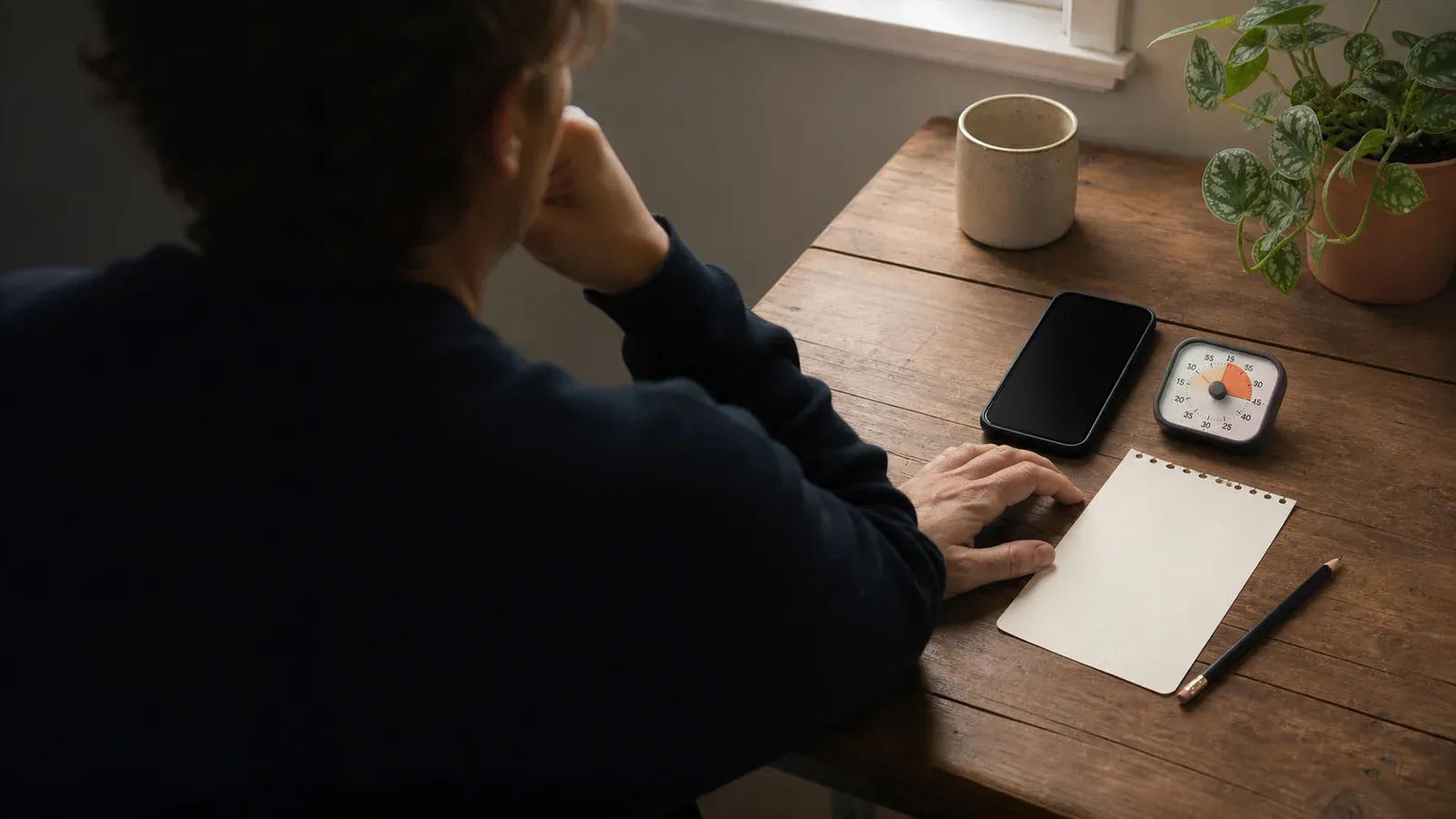A person considers a phone, analog timer, and blank checklist on a quiet wooden desk.