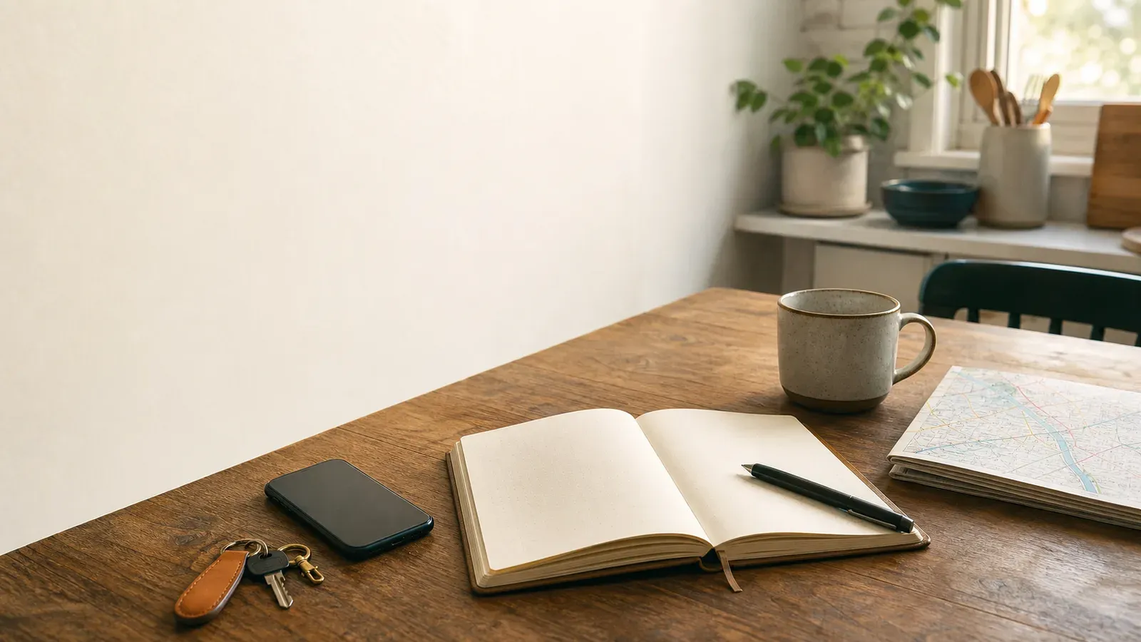 A phone rests face down beside keys and a coffee as an open notebook holds the center of a warm morning table.