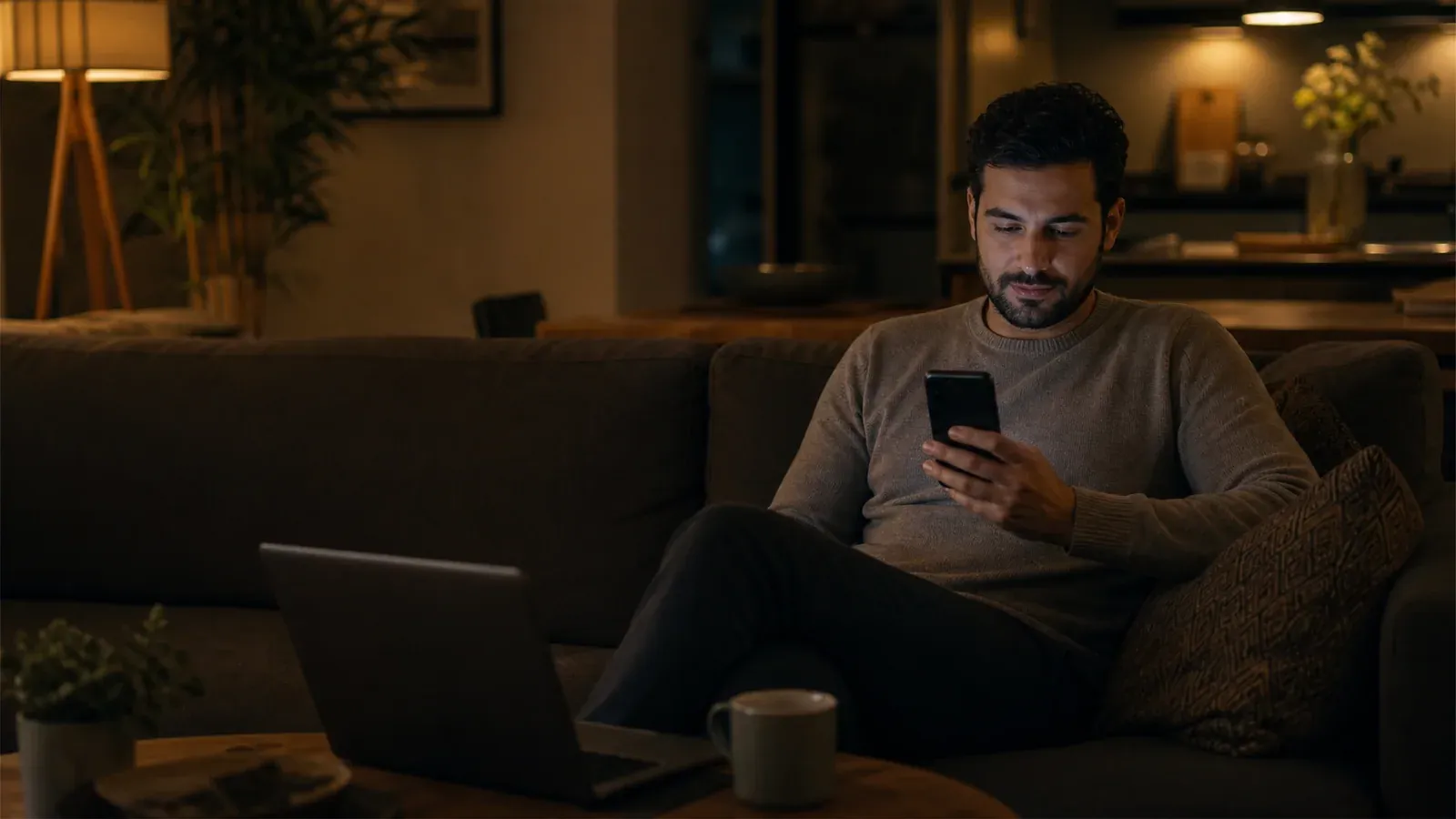 A person sits on a couch looking at a phone beside an open laptop in the warm light of evening.
