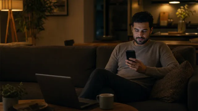 A person sits on a couch looking at a phone beside an open laptop in the warm light of evening.