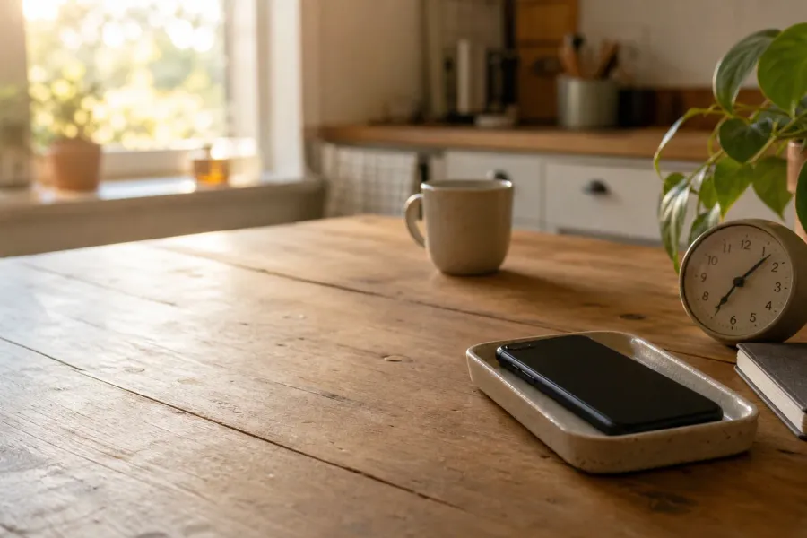 A phone rests face down in a tray beside an analog clock and notebook on a softly lit morning table.