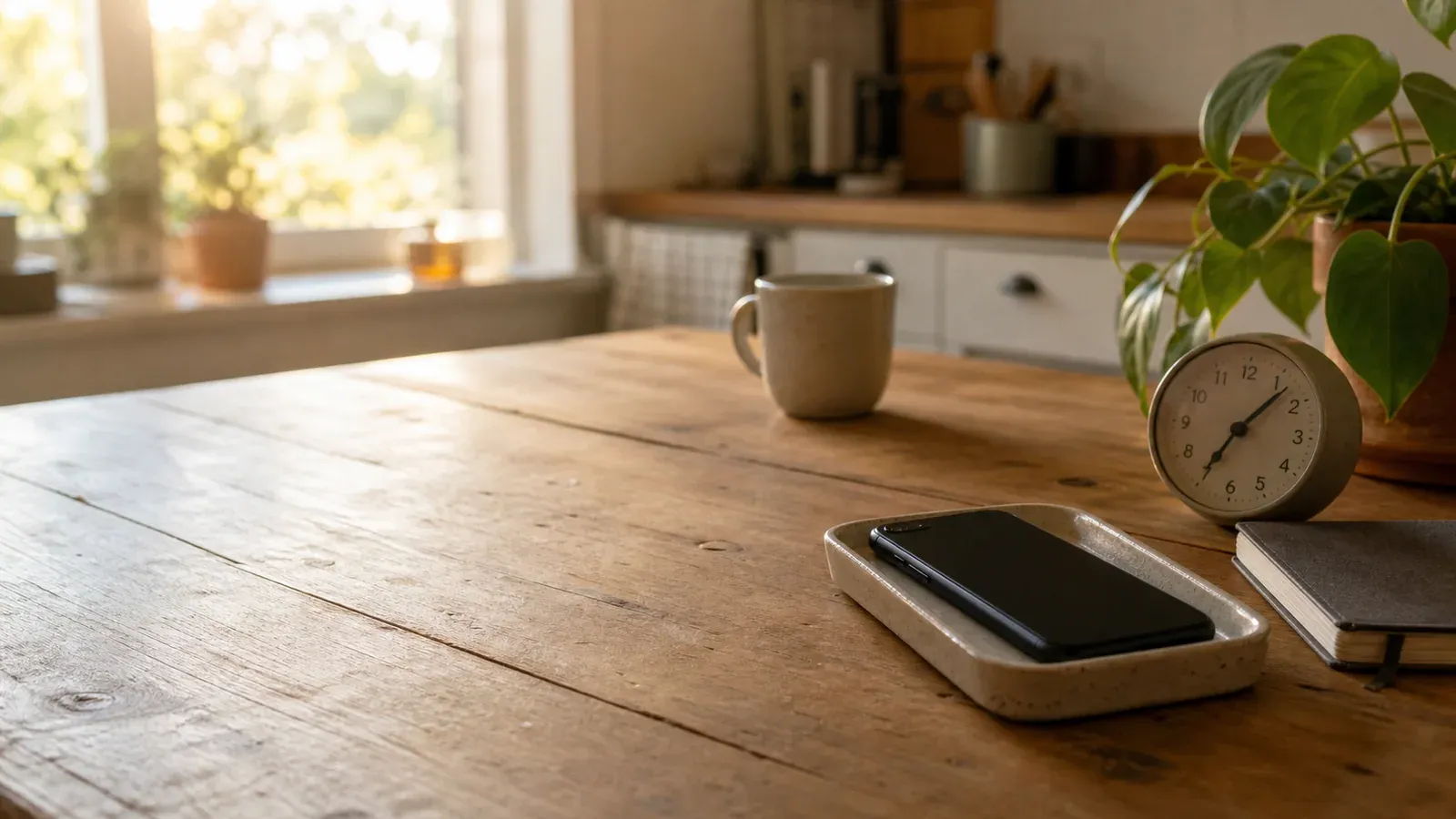 A phone rests face down in a tray beside an analog clock and notebook on a softly lit morning table.