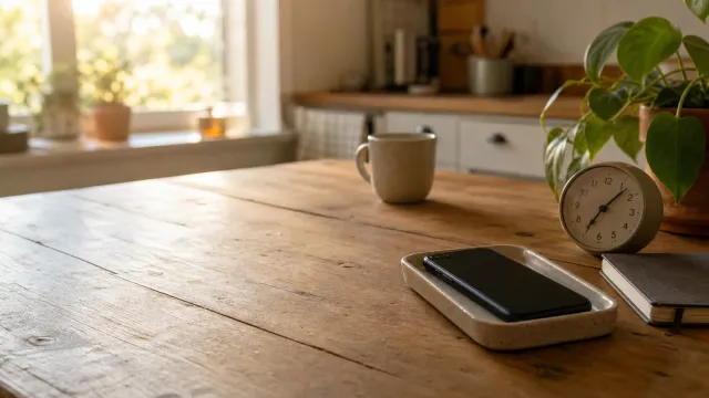 A phone rests face down in a tray beside an analog clock and notebook on a softly lit morning table.