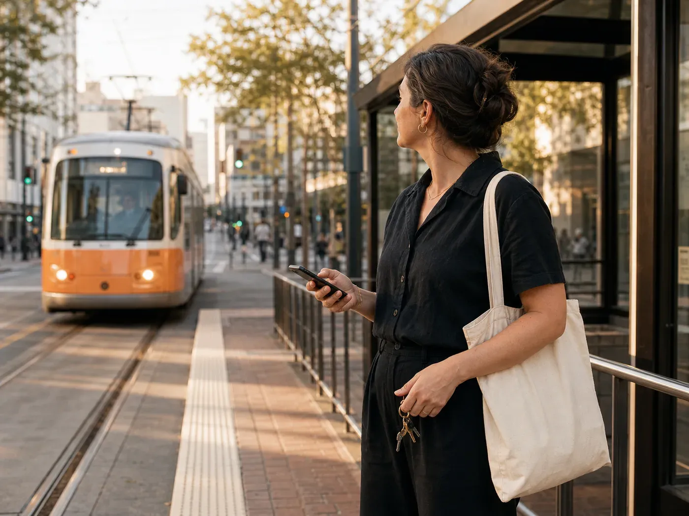 A person checks a phone briefly at a transit stop, then looks up toward the arriving streetcar.