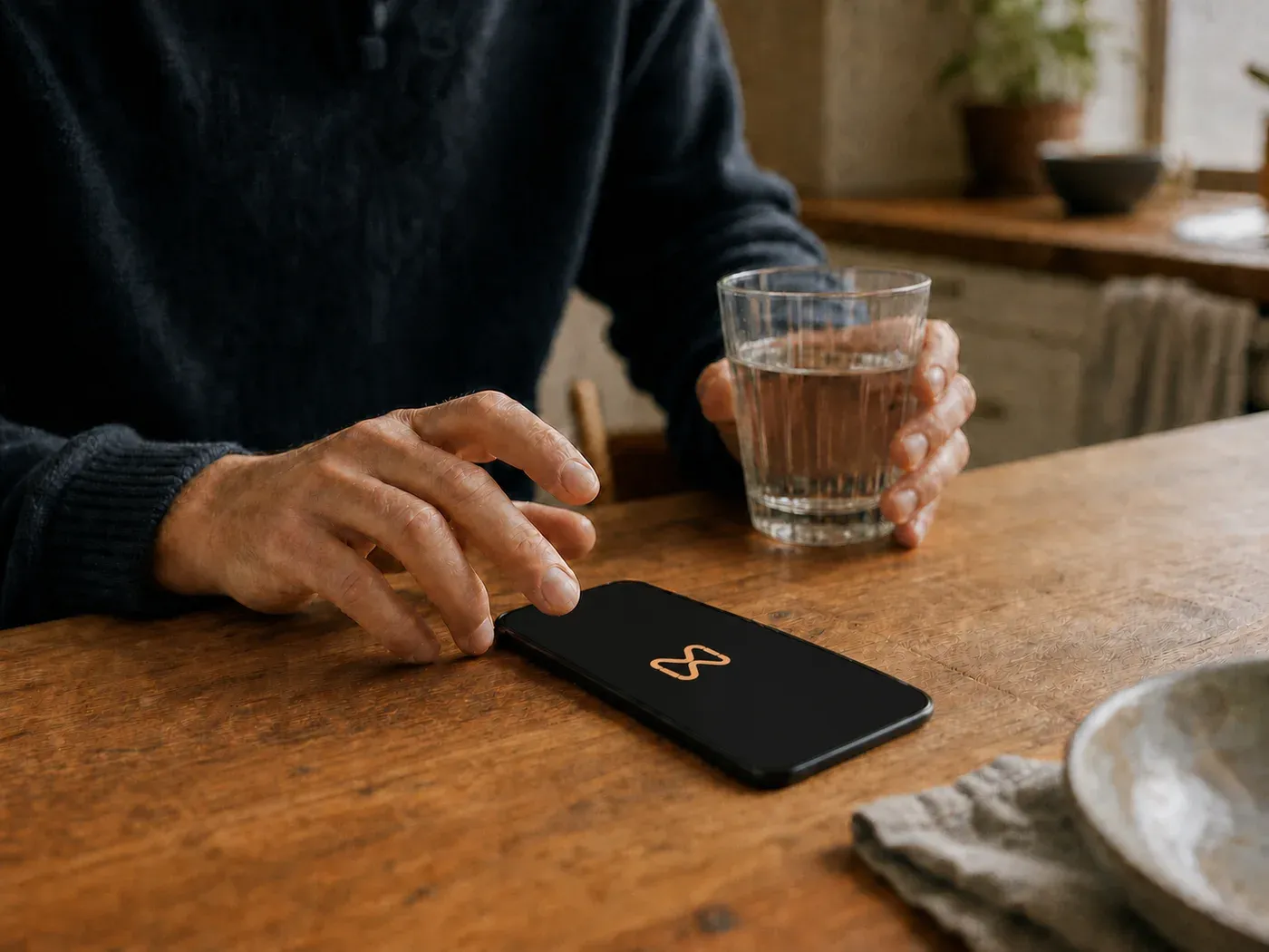 A hand pauses above a phone showing the centered Memento Mode logo while the other holds a glass of water.