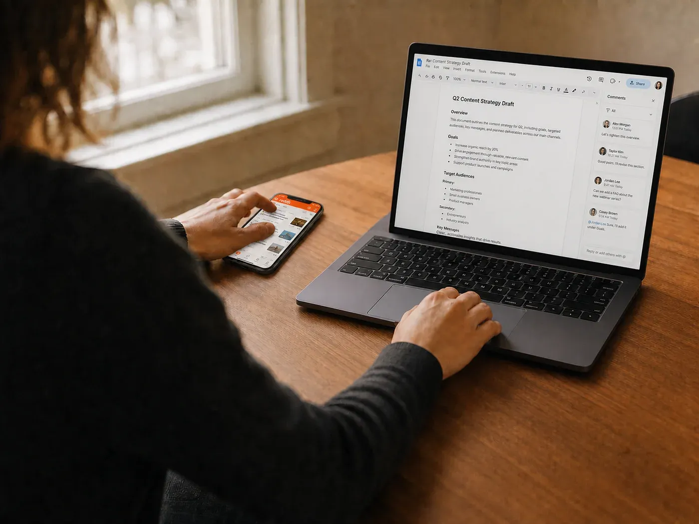 A person reaches toward Reddit on their phone while a work document remains open on the laptop.