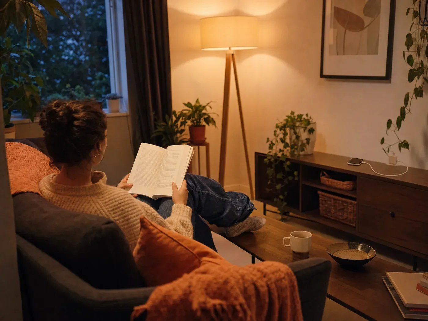 A person reads on the couch while their phone charges across the room.