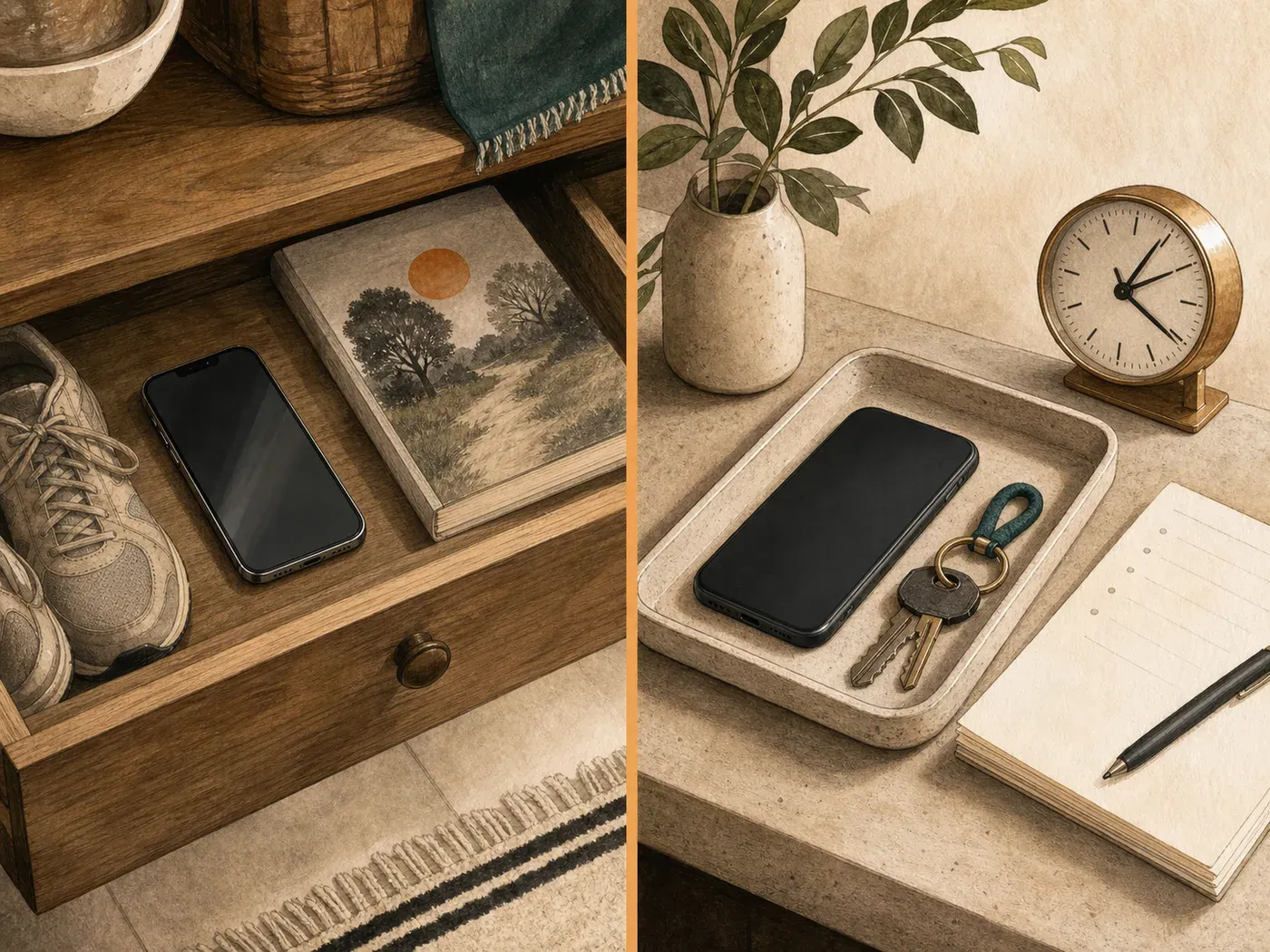 A diptych shows a phone taking a temporary rest in a drawer, then sitting face down in a simple everyday landing spot beside keys and a paper list.
