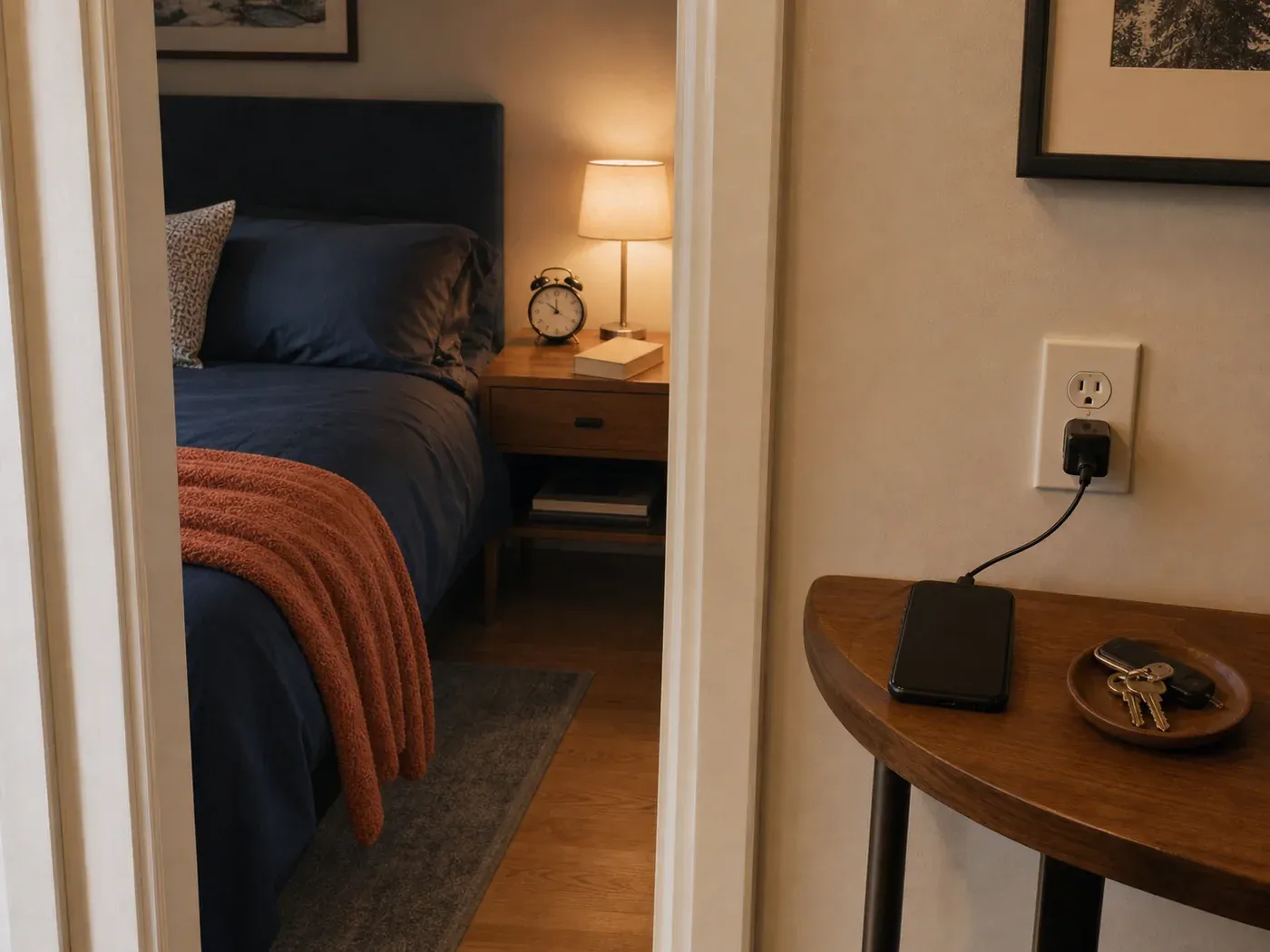 A phone charges on a hallway console outside a bedroom with an alarm clock and book by the bed.