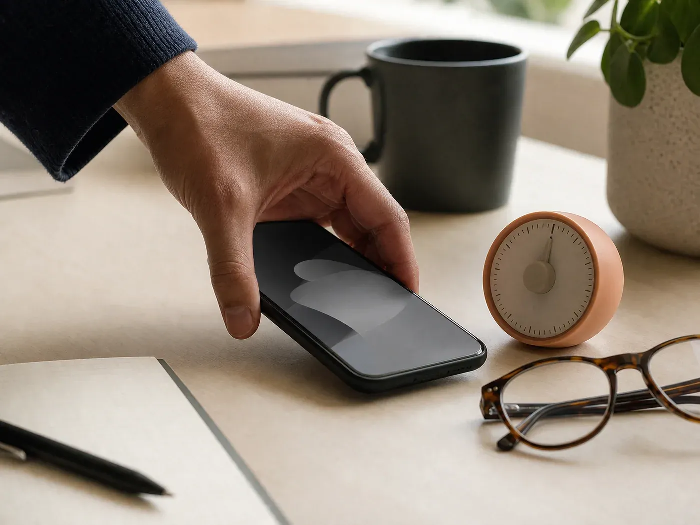 A hand sets a dim grayscale phone beside an analog timer, glasses, and a notebook.