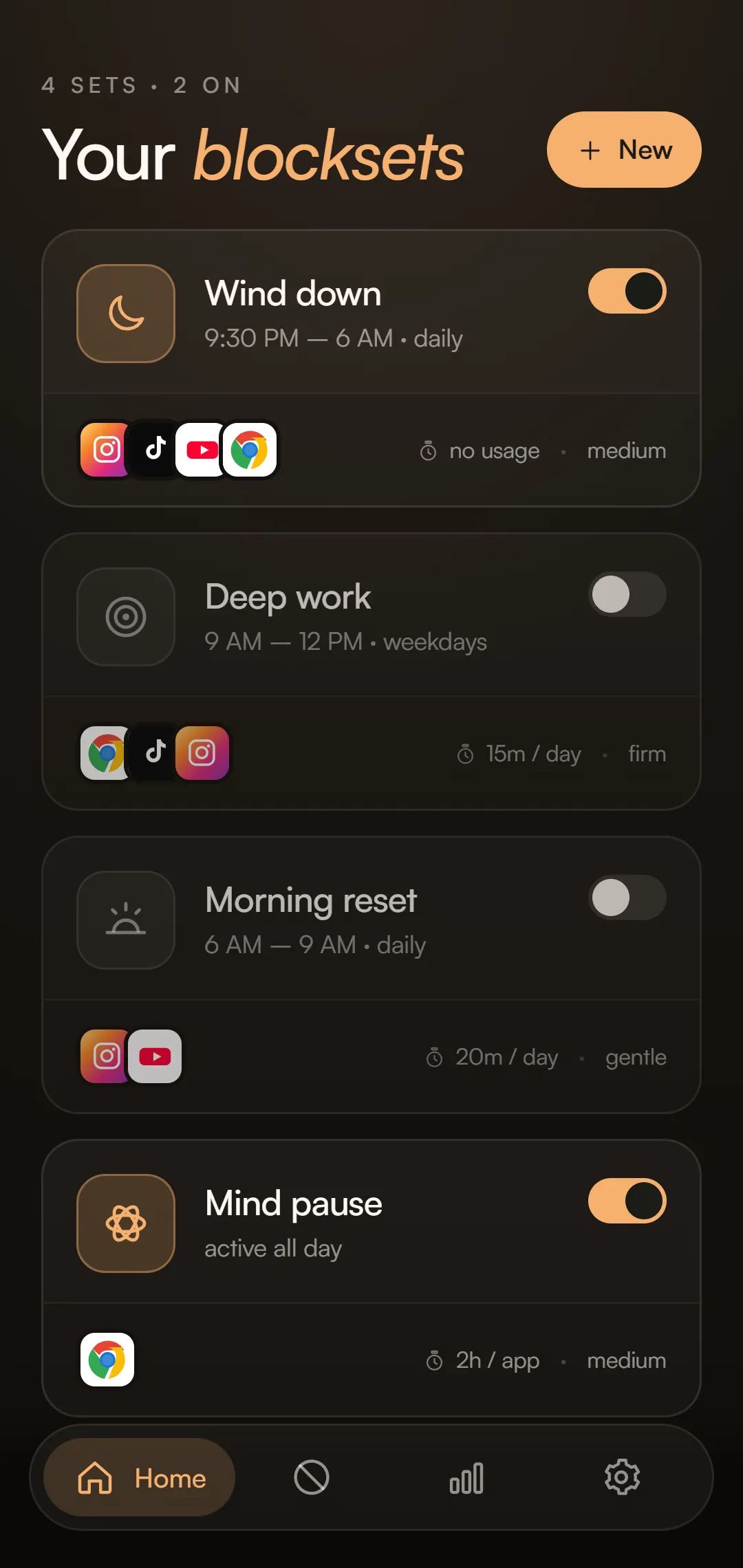 Memento Mode blocksets screen, four cards: Wind down, Deep work, Morning reset, Mind pause