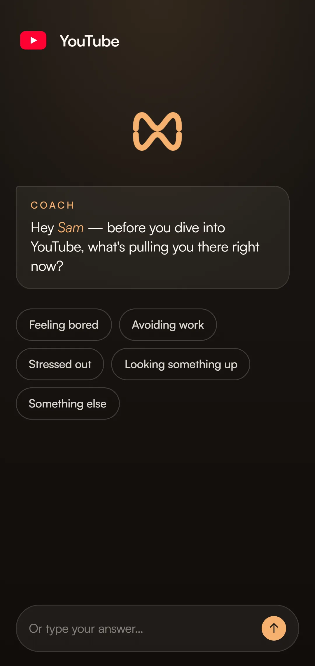 Coach welcome screen, asking what's pulling you to YouTube right now