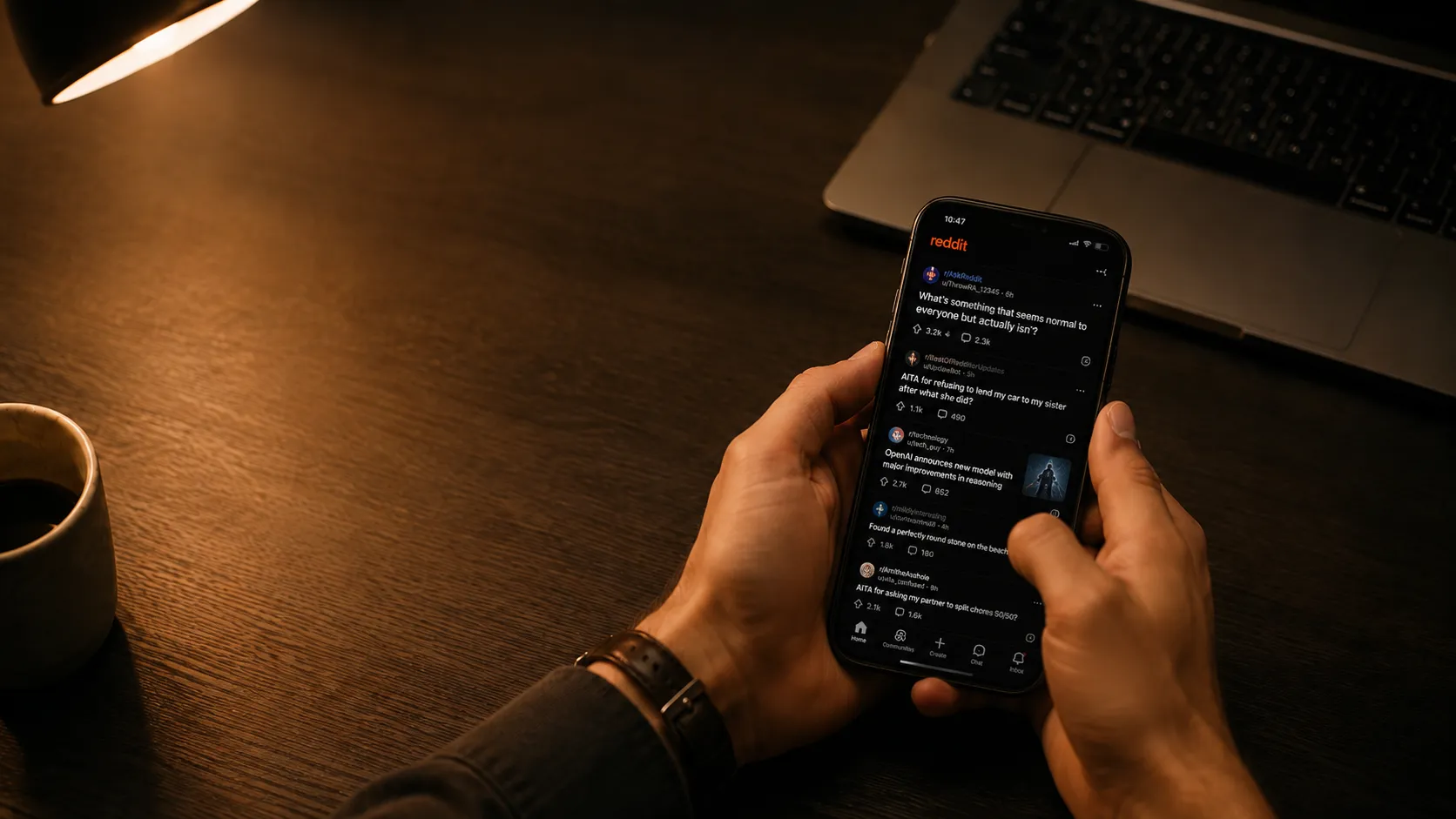 Two hands cradling a phone open to Reddit at a dim desk, laptop and coffee nearby