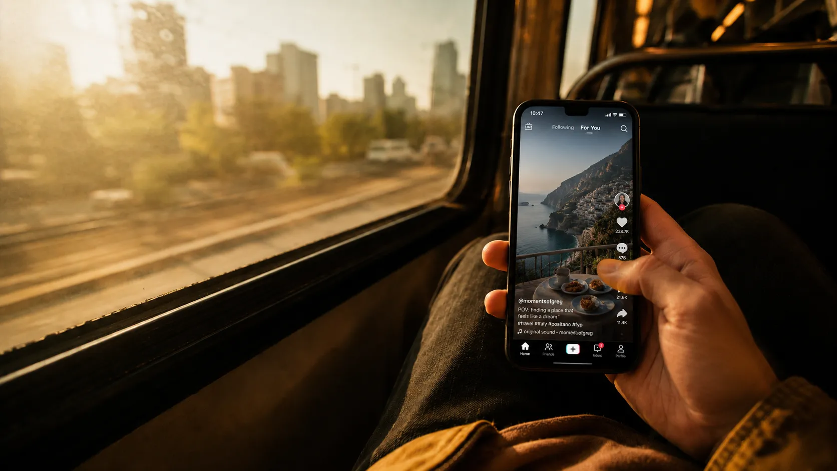 A hand holding a phone scrolling on a train, light streaming through the window