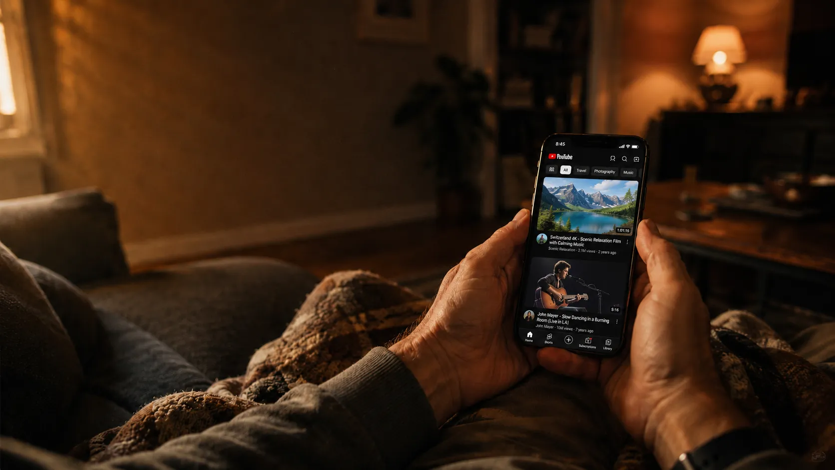 Hands holding a phone open to YouTube while lying under a blanket on a couch at night